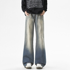 批发牛仔裤男新款潮牌美式复古猫须纹渐变高街垂感微喇弯刀裤