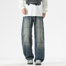 2026春秋款牛仔裤美式复古高街原色阔型铆钉伐木裤原牛牛仔裤男