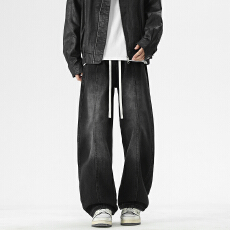 批发春秋季新款美式复古直筒牛仔裤男潮牌阔腿高街宽松水洗抽绳裤子