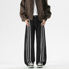 条纹牛仔裤男2026春秋季微弯直筒宽松休闲潮牌水洗裤子