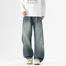 美式拼接复古牛仔裤男2026新款秋季微弯直筒宽松休闲潮牌水洗裤子