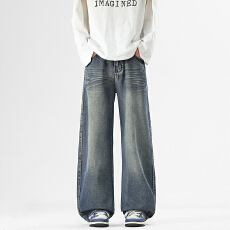 2026春秋季款复古牛仔裤男潮牌直筒宽松微弯刀美式高街阔腿长裤子