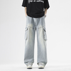 大码秋季新款工装多口袋长裤宽松休闲弹力直筒微喇裤子男生牛仔裤