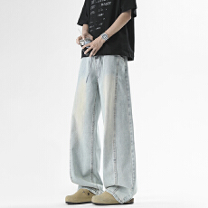 冰蓝牛仔裤男士新款直筒宽松休闲裤子美式潮牌阔腿男生系带长裤子