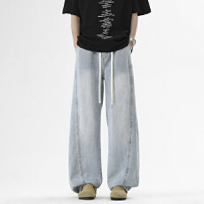 水洗牛仔裤男夏季新款宽松百搭直筒潮牌阔腿拼接裤子