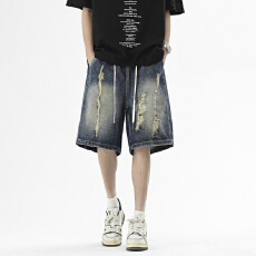 批发<b class='q'>牛仔</b>破洞<b class='q'>短裤</b>夏季复古高街五分裤潮流洗水设计宽阔腿裤百搭
