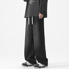 男生休闲裤春季潮牌男生阔腿裤高街潮流裤子松紧腰黑色休闲裤