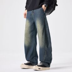 批发2026年秋冬季牛仔裤美式直筒宽松弯刀裤男士休闲裤子