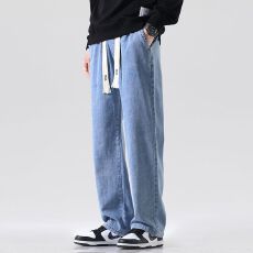批发松紧腰牛仔裤男2026秋冬季<b class='q'>潮</b>牌宽松直筒韩版<b class='q'>潮</b>流哈伦裤子