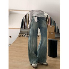 批发现货供应~~美式复古阔腿<b class='q'>牛仔裤</b>女新款高腰宽松显瘦弯刀<b class='q'>直筒</b>拖地裤