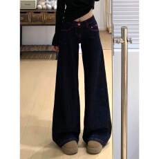 现货供应~~美式辣妹撞色设计感阔腿牛仔裤女低腰宽松直筒拖地长裤