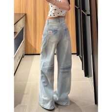 批发现货供应~~设计感复古浅蓝色阔腿牛仔<b class='q'>裤</b>女低腰宽松<b class='q'>显瘦</b>直筒拖地<b class='q'>裤</b>