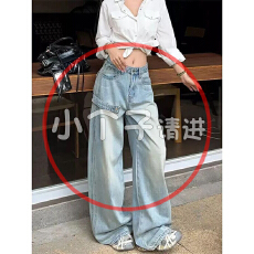 批发现货供应~~美式工装阔腿牛仔裤女新款复古高腰宽松多口袋拖地长裤