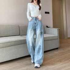 批发美式泼墨弯刀牛仔<b class='q'>裤</b>春秋季<b class='q'>新款</b>cleanfit抓痕线条宽松百搭阔腿长<b class='q'>裤</b>