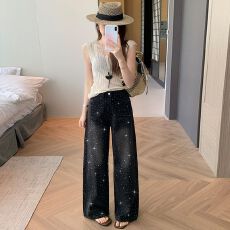 批发亮闪<b class='q'>烫钻</b>直筒<b class='q'>牛仔裤</b>女春夏2026新款裤子满天星高腰垂感窄版阔腿裤