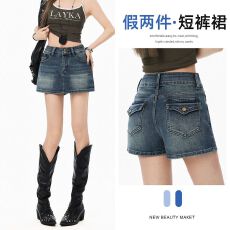 批发美式复古蓝A字牛仔裙裤女夏季新款辣妹风百搭包臀假两件短裙裤子