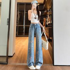批发重工刺绣复古牛仔裤弹力烫钻显瘦直筒裤春<b class='q'>夏</b>新款宽松遮肉阔腿裤女