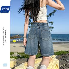 牛仔五分短裤女蓝色松紧腰A字
