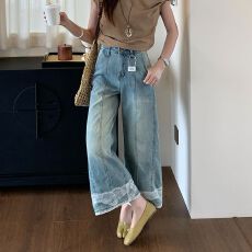 批发夏季新款蕾丝拼接阔腿牛仔裤女2026<b class='q'>春秋</b>新款小个子宽松遮肉直筒裤