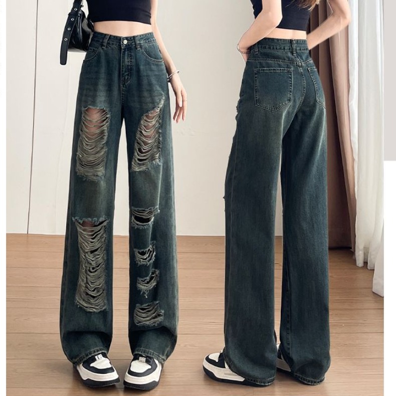 RY6953# 破洞直筒牛仔裤女2026年夏季新款时髦设计感宽松辣妹阔腿长裤