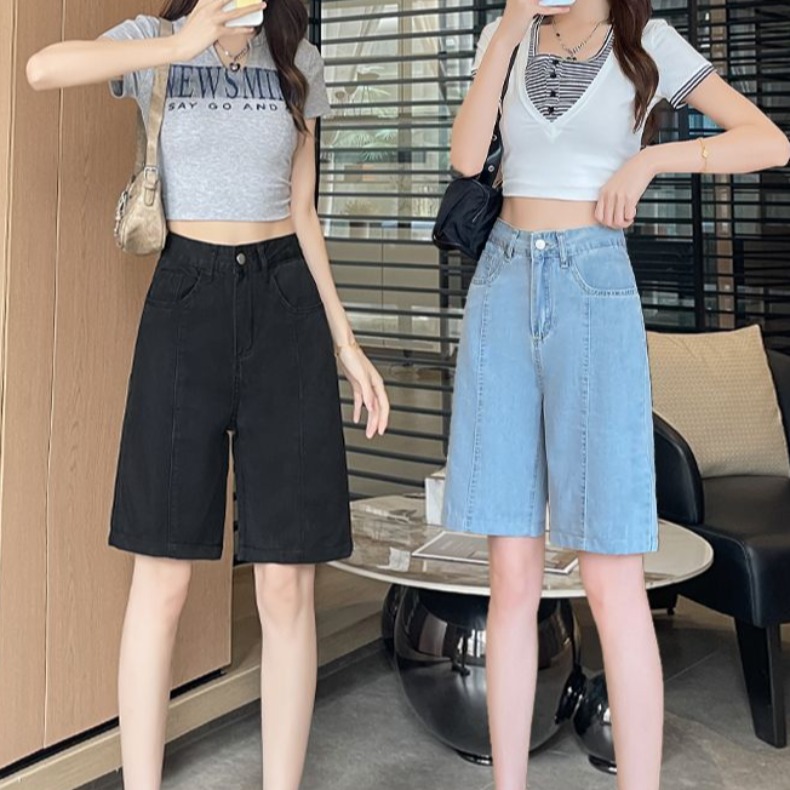 RY6951# 设计感黑色缝线牛仔短裤女夏季天丝高腰显瘦宽松五分裤直筒中裤...