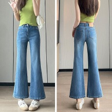 批发浅蓝色微喇<b class='q'>牛仔裤</b>女2026夏季薄款高腰显瘦阔腿裤宽松不贴腿喇叭裤