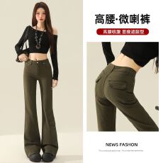 批发军绿色高腰工装微喇牛仔<b class='q'>裤</b>女新款美式辣妹修身显瘦加长拖地喇叭<b class='q'>裤</b>