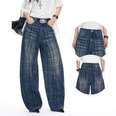 批发格子提花复古阔腿<b class='q'>牛仔裤</b><b class='q'>女</b>秋季新款宽松显瘦美式高街拖地弯刀裤子