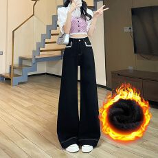 批发秋冬加绒蕾丝花边时尚潮流休闲宽松阔腿高腰<b class='q'>弹力</b>牛仔<b class='q'>裤</b>女