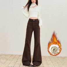 批发加绒棕色牛仔阔腿裤女2025秋季新款<b class='q'>高腰</b>不贴腿宽松咖色微喇拖地裤