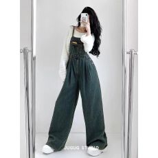 批发2025新款复古牛仔背带裤<b class='q'>女</b>设计感小众宽松百搭显瘦阔腿连体背带裤