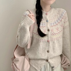 批发<b class='q'>韩国</b>chic撞色提花针织开衫女短款慵懒风外搭上衣毛衣外套