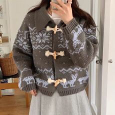批发有货 <b class='q'>韩国</b>复古学院风牛角扣撞色提花设计厚实长袖保暖毛衣<b class='q'>外套</b>