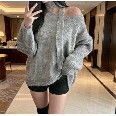 批发有货 韩版秋冬V领挂脖飘带宽松慵懒风混纺纱厚<b class='q'>中长款</b>腰带<b class='q'>毛衣</b>