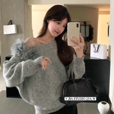 批发有货 韩国时尚<b class='q'>休闲</b>百搭气质斜肩宽松慵懒百搭显瘦针织衫