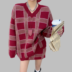 批发有货 韩版格子慵懒风宽松V领<b class='q'>时尚</b>针织毛衣配半身包臀裙两件套装