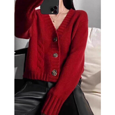 批发有货 韩版秋冬开衫女V领加厚纯色扭花外搭宽松高级感短款外套上衣