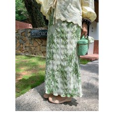 批发有货 复古风夏季新款印花开叉垂感高腰显瘦褶皱气质<b class='q'>半身</b>裙中<b class='q'>长裙</b>