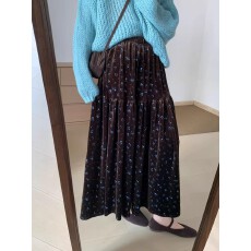 批发金丝绒碎花<b class='q'>半身</b>裙女2026春秋新款高腰显瘦百褶中长款大摆a字裙子