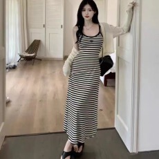 批发有货 韩式撞色条纹吊带裙中长款连衣裙