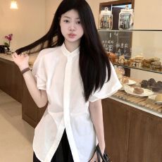 批发泡泡短袖衬衫女夏季2024新款法式收腰设计感小众<b class='q'>上衣</b>别致白色衬衣