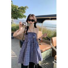 批发小众设计感两穿蓝色格子半身<b class='q'>裙</b>女夏季法式气质抹胸背心<b class='q'>裙</b>a字<b class='q'>伞</b><b class='q'>裙</b>