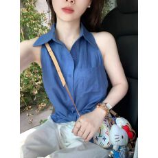 批发蓝色<b class='q'>亚麻</b>无袖衬衫女夏老钱风法式削肩背心高级感麻料气质翻领上衣