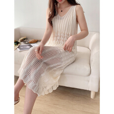 批发韩系V领修身针织吊带连衣裙女夏季新款气质<b class='q'>长款</b>背心裙子