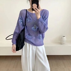 批发早秋新款韩版慵懒风渔网镂空亮片撞色宽松<b class='q'>蝙蝠衫</b><b class='q'>长袖</b>上衣女
