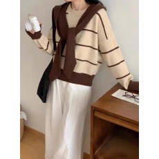 批发<b class='q'>韩版</b>可拆卸披肩帽韩系减龄学院风披肩上衣毛衣条纹两件套