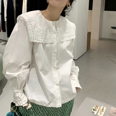 批发大量货 外单爆款镂空刺绣衬衫<b class='q'>翻领</b>单排时尚减龄白衬衫韩系小衫