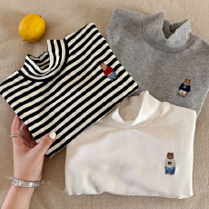 批发德绒儿童装高领打底衫2025秋<b class='q'>冬</b>条纹宝宝休闲弹力百搭保暖上衣T恤