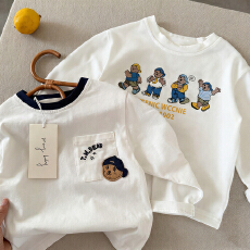 批发纯棉男女儿童t恤<b class='q'>长袖</b>2025立体植绒卡通口袋中小童打底衫上衣春秋