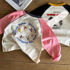 批发纯棉t恤长袖春<b class='q'>秋</b>2026新款百搭插肩卡通休闲男女儿童装打底衫上衣